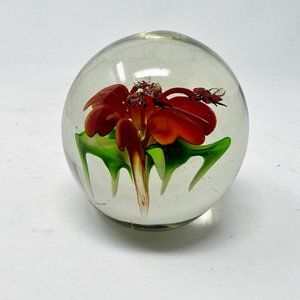 Vintage Art Glass Paperweight Red & Green Flower with Insects Handmade